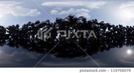 360 degree panorama of Surreal Landscape of Glossy Black Spheres 119708070