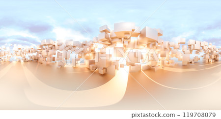 360 degree panorama of Surreal 3D Landscape with Floating White Cubes 119708079
