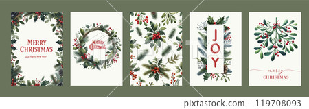 Watercolor Holiday Greeting cards with Spruce Branch, Poinsettia, Berries. Traditional Christmas and New Year Posters. Watercolor Holiday Greeting cards with Spruce Branch, Poinsettia, Berries. Traditional Christmas and New Year Posters. 119708093