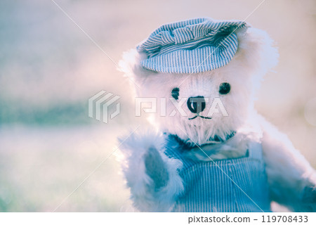 Smiling Teddy bear best friends toy for kids. Adorable Fluffy Brown Teddy Bear happy in green park. Happy fun friend fluffy cute toy doll sitting at garden. Stuffed Toy for kids Family childhood 119708433