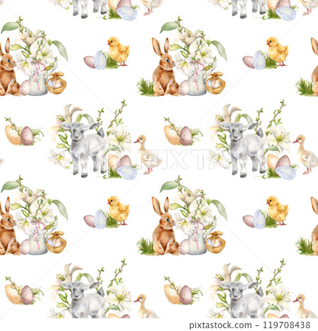 Pets and white flowers seamless pattern isolated on white. Easter Watercolor floral illustration with baby animals. Gentle print with bunny, lamb, chick hand drawn. For design textile, package, paper 119708438