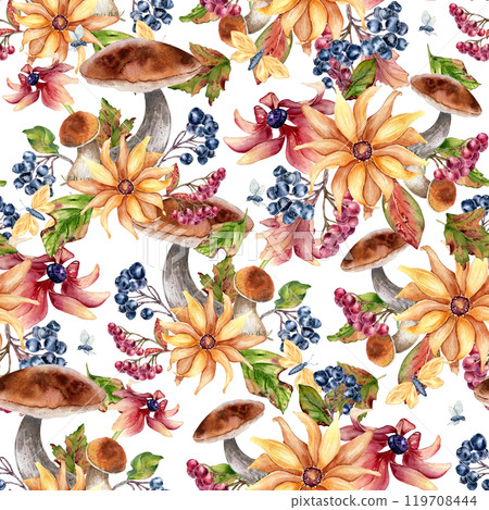 Watercolor colorful autumn seamless pattern with forest bolete, berries, flowers, and butterfly isolated. Floral repeated background of fall leaves, chokeberry rowan hand painted for seasonal design 119708444