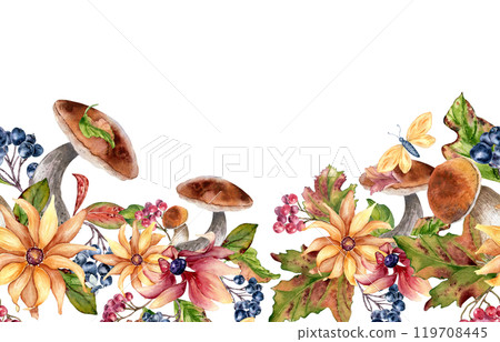 Watercolor colorful autumn seamless border with forest bolete, berries, flowers, and butterfly isolated. Floral repeated texture of fall leaves and chokeberry rowan hand painted for seasonal design. 119708445