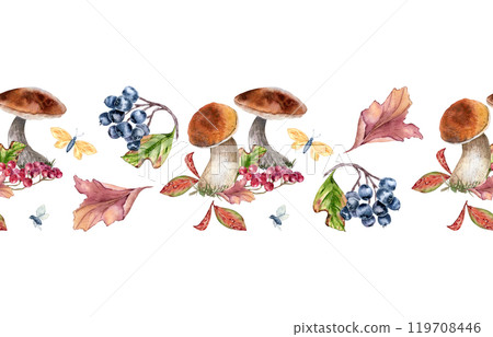 Autumn plants seamless border. Mushrooms and leaves, butterfly in watercolor isolated. Rowan red, viburnum berries, black chokeberry painted. Fall colorful repeated texture with wild forest plants. 119708446