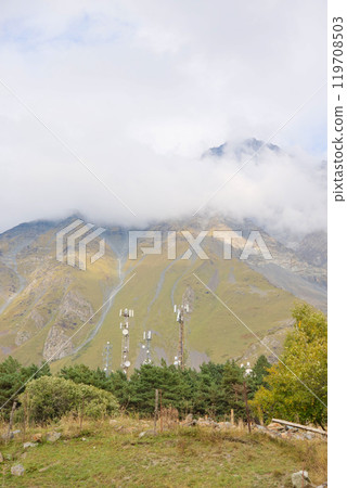 Telecommunications satellite dish radio telescope in mountains. Earth based astronomical locator 119708503