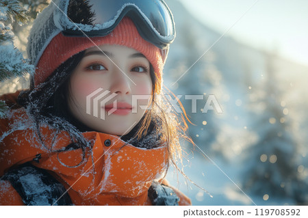 Japanese woman in snowboarding wear: Realistic relaxed portrait on snowy mountain Japanese woman in snowboarding wear: Realistic relaxed portrait on snowy mountain 119708592