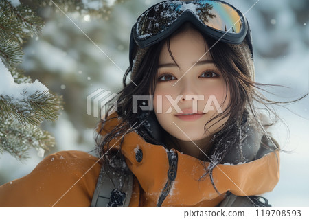 Japanese woman in snowboarding wear: Realistic relaxed portrait on snowy mountain Japanese woman in snowboarding wear: Realistic relaxed portrait on snowy mountain 119708593