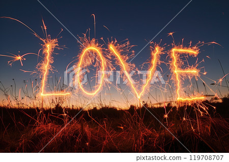 Love written in glowing fireworks across dark evening sky, creating a captivating scene. Grassy field below enhances the serene and romantic atmosphere 119708707
