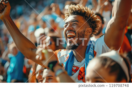 Happy man celebrating sports victory in crowded stadium with arms up and wide smile, surrounded fans rejoicing Happy man celebrating sports victory in crowded stadium with arms up and wide smile, surrounded fans rejoicing 119708748