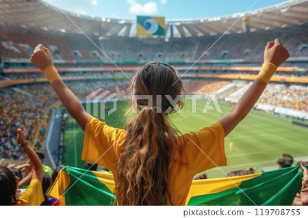 Excited fan with long hair raising arms in vibrant stadium during thrilling soccer match, surrounded by enthusiastic crowd and colorful flags suggesting national pride 119708755