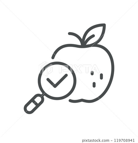 Apple Quality Check Icon. Simple Line Illustration of an Apple with a Magnifying Glass, Representing Organic Food Inspection and Quality Control. Apple Quality Check Icon. Simple Line Illustration of an Apple with a Magnifying Glass, Representing Organic Food Inspection and Quality Control. 119708941