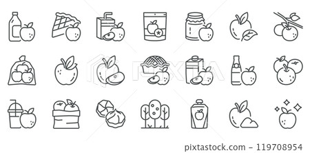 Apple Products Icon Set. Simple Line Illustrations of Various Apple-Based Products, Representing Organic Food, Beverages, and Desserts. 119708954