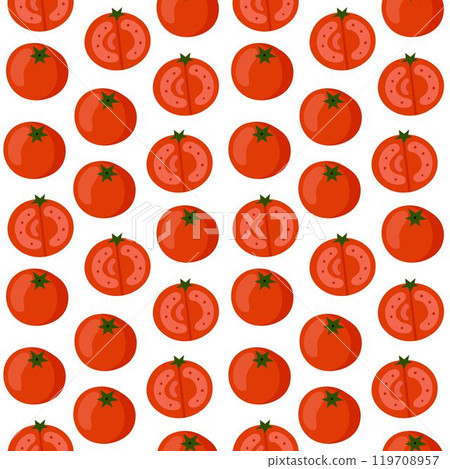 Red tomatoes seamless pattern with full and cut piece. Fresh vegetable concept for textile print 119708957