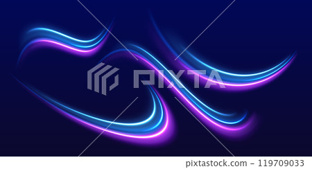 Lines in the shape of a comet against a dark background. Illustration of high speed concept. High speed effect motion blur lights for banners. Curved light trail stretched upward. 119709033