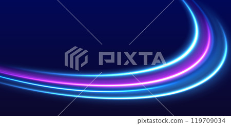 Speed police line. Laser beams, horizontal light rays. Magic shining neon light line trails. Purple glowing wave swirl, impulse cable lines. High speed effect motion blur night lights 119709034