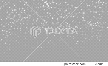 Realistic falling snow with snowflakes and clouds. Vector heavy snowfall, snowflakes in different shapes and forms. Many white cold flake elements on transparent background. 119709049