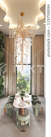 The Elegant Modern Dining Room has a stunning chandelier and beautiful greenery enhancing ambiance, 3d rendering The Elegant Modern Dining Room has a stunning chandelier and beautiful greenery enhancing ambiance, 3d rendering 119709094