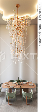 Elegant Dining Room Featuring a Unique Chandelier and Stylish, Modern Furniture Pieces, 3d rendering Elegant Dining Room Featuring a Unique Chandelier and Stylish, Modern Furniture Pieces, 3d rendering 119709098