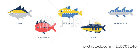 Different Fish Flat Icon with Name Vector Set Different Fish Flat Icon with Name Vector Set 119709146