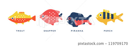 Different Fish Flat Icon with Name Vector Set Different Fish Flat Icon with Name Vector Set 119709170