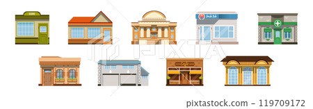 City Street Architecture and Building Front View Vector Set City Street Architecture and Building Front View Vector Set 119709172