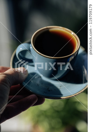 Close-up of hot coffee cup. Hot Coffee Drink Concept 119709179