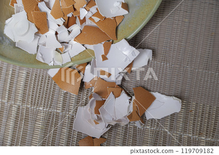 Broken egg shells ,Recycling kitchen waste, Crushed egg shells for the compost and garden Broken egg shells ,Recycling kitchen waste, Crushed egg shells for the compost and garden 119709182