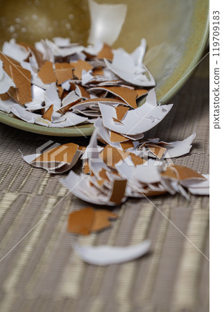 Broken egg shells ,Recycling kitchen waste, Crushed egg shells for the compost and garden Broken egg shells ,Recycling kitchen waste, Crushed egg shells for the compost and garden 119709183