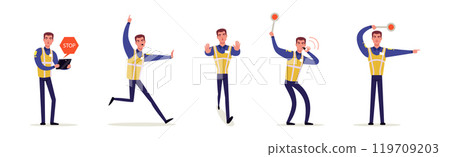 Man Road Policeman in Different Situations Vector Set 119709203