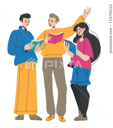 People read book. Friends student reading. Men and woman hold textbook, teenage standing character. Education and knowledge. Bookstore and library. Vector cartoon flat style isolated illustration 119709222