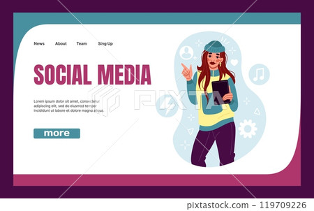 Social media people. Internet blog landing page. Digital content. Website template design. Online messenger technology. Blogger woman with smartphone. Users chat. Creative blogging. Vector background Social media people. Internet blog landing page. Digital content. Website template design. Online messenger technology. Blogger woman with smartphone. Users chat. Creative blogging. Vector background 119709226