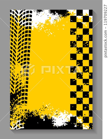 Race car track. Flag sport racing. Road checker frame. Rally speed drive. Formula competition finish stripe. Auto tire wheel print. Tyre drift. Street dirt. Grunge yellow banner. Vector background 119709227