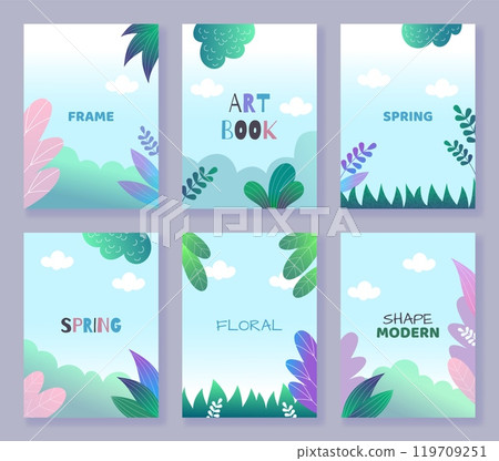 Background flower and leaves. Sky and clouds. Floral frame. Spring summer postcards and posters set. Modern backdrop. Contemporary book or creative notebook cover vector isolated collection for design 119709251