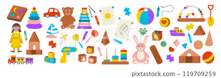 Baby toys. Bear, cute doll and kids drawing for children. Childish ship, train, gun and car. Kids playing. Small educational preschool game. Vector object illustration garish cartoon isolated set Baby toys. Bear, cute doll and kids drawing for children. Childish ship, train, gun and car. Kids playing. Small educational preschool game. Vector object illustration garish cartoon isolated set 119709259