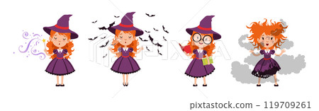 Little Girl Witch Character in Purple Pointed Hat Vector Set 119709261
