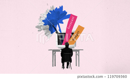 Office worker sitting at table and working on retro computer with forecast and budget tasks. Financial planning and budgeting. Contemporary art collage. 119709360
