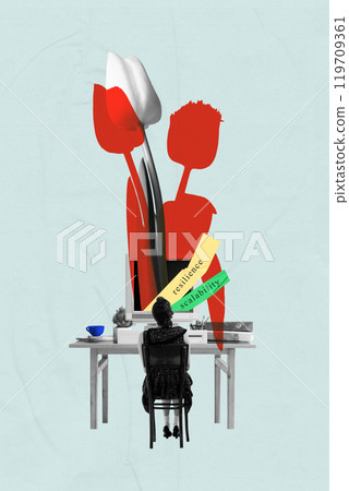 Woman sitting at desk with flowers labeled resilience and scalability, symbolizing adaptability and growth potential in business. Contemporary art collage. Woman sitting at desk with flowers labeled resilience and scalability, symbolizing adaptability and growth potential in business. Contemporary art collage. 119709361