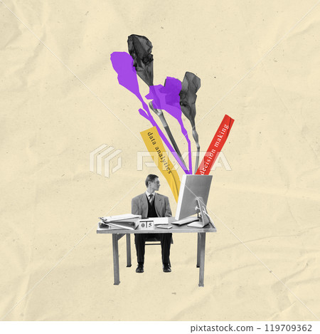 Businessman sitting at desk and working on computer with labels of data analytics and decision making. Data science and strategic choices. Contemporary art collage. Businessman sitting at desk and working on computer with labels of data analytics and decision making. Data science and strategic choices. Contemporary art collage. 119709362