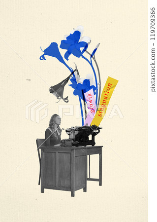 Woman sitting at table with vintage typewriter with flowers labeled growth and stagnation. Contemporary art collage. Professional challenges Woman sitting at table with vintage typewriter with flowers labeled growth and stagnation. Contemporary art collage. Professional challenges 119709366
