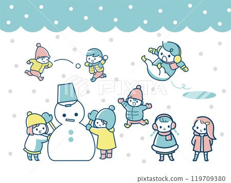 Winter illustration with snowman and kids Winter illustration with snowman and kids 119709380