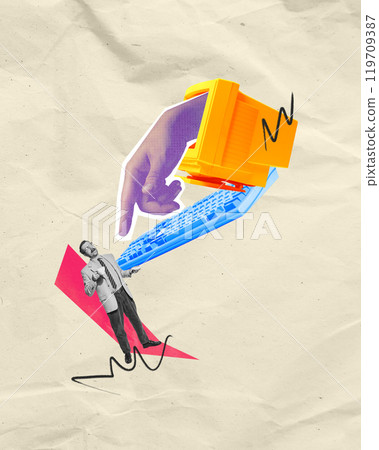 Man, worker standing with retro keyboard while giant hand pointing. Task management. Contemporary art collage. Man, worker standing with retro keyboard while giant hand pointing. Task management. Contemporary art collage. 119709387