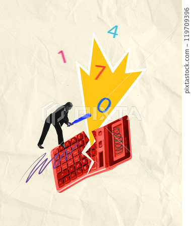 Businesswoman dramatically smashing calculator with numbers flying, representing frustration and challenges of financial calculations. Contemporary art collage. Businesswoman dramatically smashing calculator with numbers flying, representing frustration and challenges of financial calculations. Contemporary art collage. 119709396