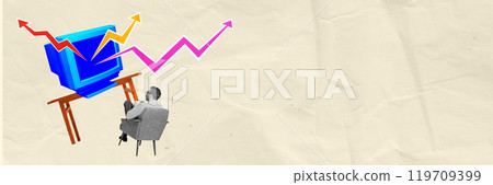 Businessman in office setting sitting in front of vintage computer with colorful graphs rising from screen. Contemporary art collage. Businessman in office setting sitting in front of vintage computer with colorful graphs rising from screen. Contemporary art collage. 119709399