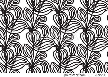 Abstract floral botanical seamless pattern vector illustration. Outline black trendy artistic plants on white background. Graphic design for fashion textile cover wrapping pack wedding invitation card 119709551