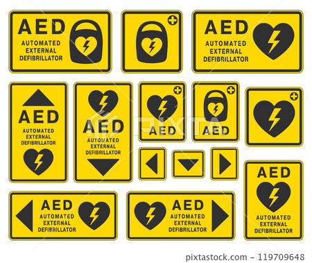 AED emergency defibrillator icon sign symbol. First aid Automated external defibrillator. Vector illustration. Isolated on white background. 119709648