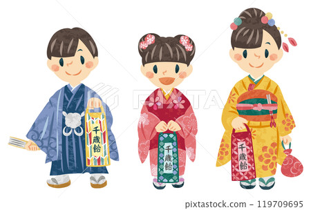 November Shichigosan Boys and girls in kimonos illustration November Shichigosan Boys and girls in kimonos illustration 119709695