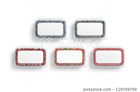 Blank transparent plastic box with berries mockup, top view Blank transparent plastic box with berries mockup, top view 119709789