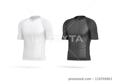 Blank black and white cycling zip jersey mockup, side view Blank black and white cycling zip jersey mockup, side view 119709801