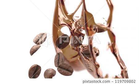 Coffee beans falling splash mockup, depth of field 119709802