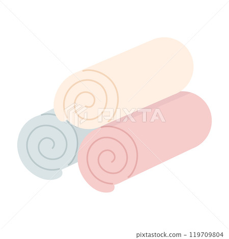 Rolled up pastel colored bath towels cartoon flat illustration. Vector illustration 119709804